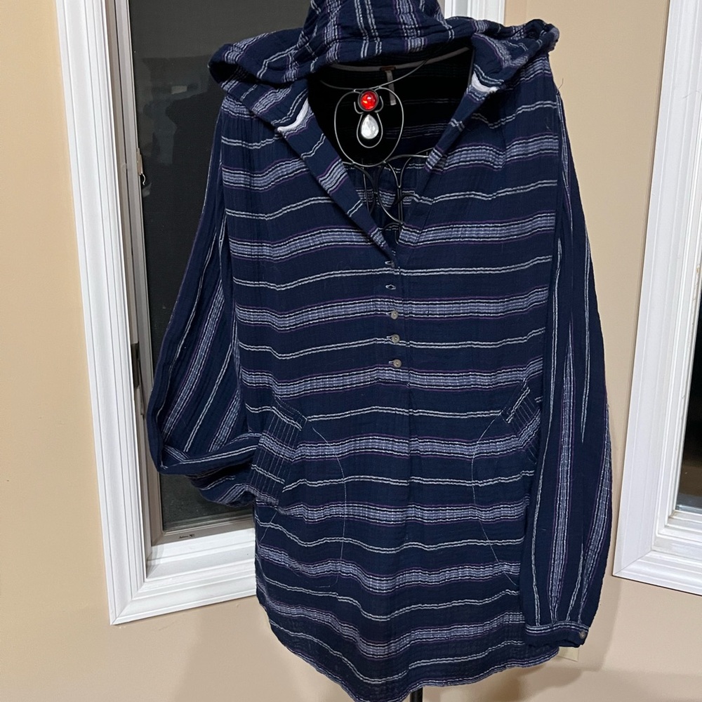 Navy and Purple Striped Hooded Top